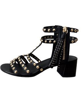 Ash Black Studded Block Heel Sandals with Tassel Zip